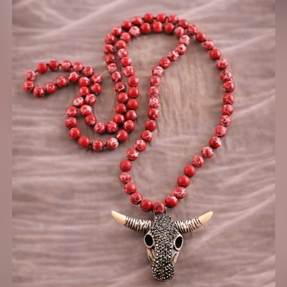 Anthropologie Jewelry - Bohemian Bull Skull Long Knitted Red Natural Stones Necklace 
 FINE CRAFTMANSHIP